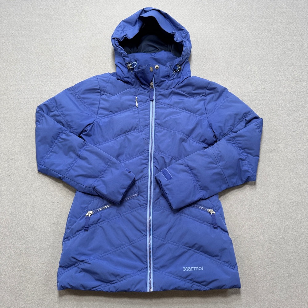 Marmot Puffer Jacket Women's XS Blue 600 Duck Down Hooded Insulated Winter Coat